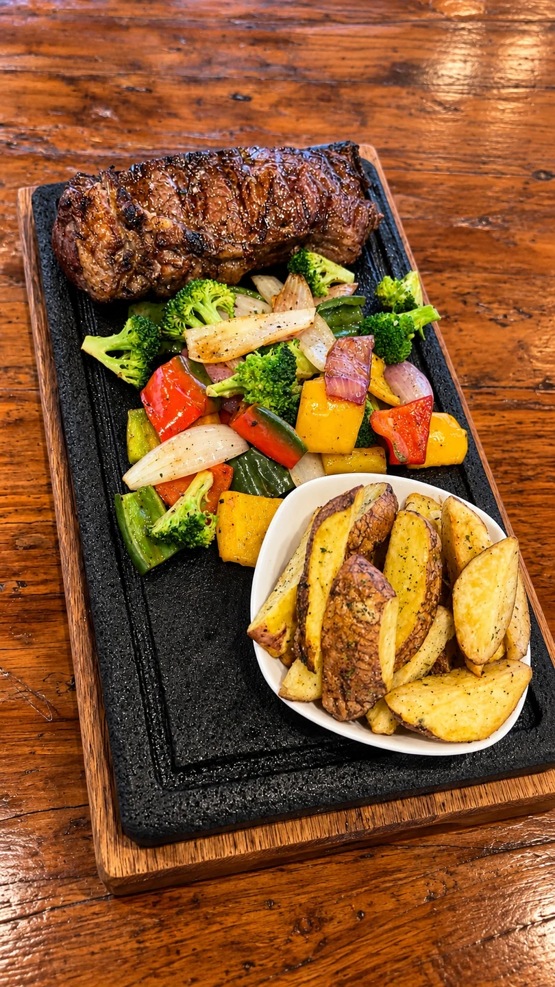 Carne y vegetales sobre piedra volcánica con papas y salsas de la casa